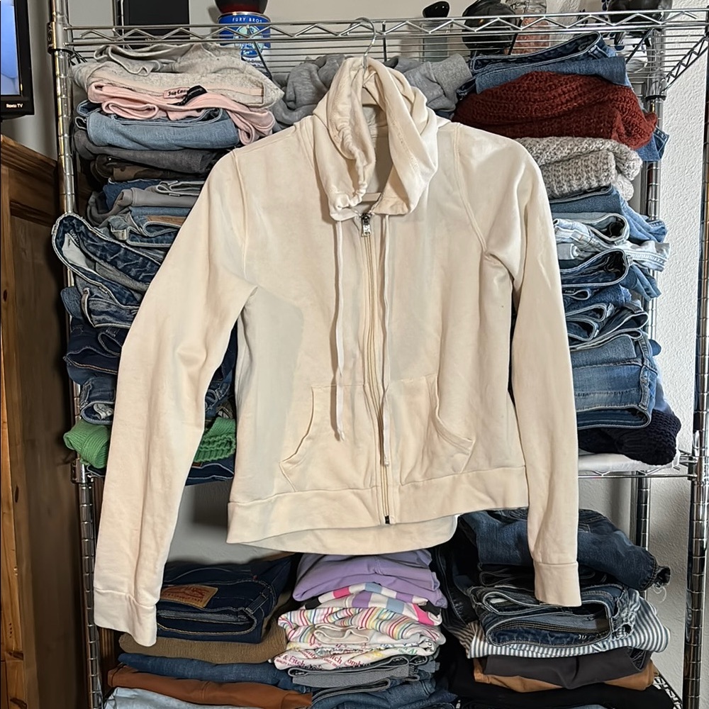 Soft, cozy creme hooded zipper.  Lightweight and breezy.